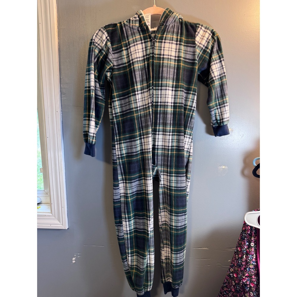 PJ Place Kids Green Plaid Reindeer Antler Hooded Fleece One Piece Pajamas 7/8